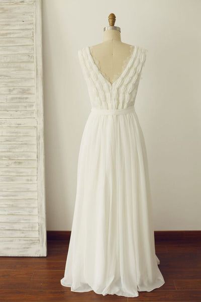 V Neck Ivory Lace Chiffon Wedding dress Bridal Gown