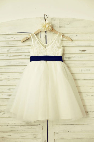 V Neck Ivory Lace Tulle Flower Girl Dress with Navy Blue