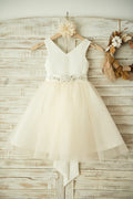 V Neck Ivory Satin Champagne Tulle Wedding Flower Girl Dress, Beaded Belt