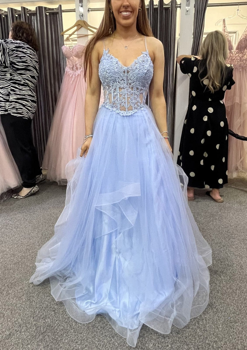 Blue Tulle Long Spaghetti Strap Prom Dress and Corset, Detachable Off Shoulder Party Dress US 16 / Custom Color