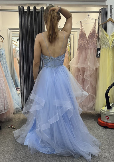 V Neck Lace Corset Horsehair Sky Blue Tulle Prom Dress