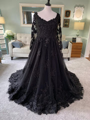 V Neck Long Sleeve Ballgown Black Lace Tulle Gothic Wedding