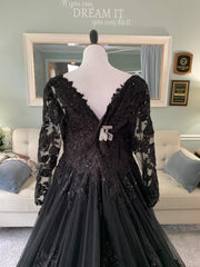 V Neck Long Sleeve Ballgown Black Lace Tulle Gothic Wedding