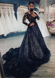 V Neck Long Sleeve Chapel Train Black Lace Wedding Dress -