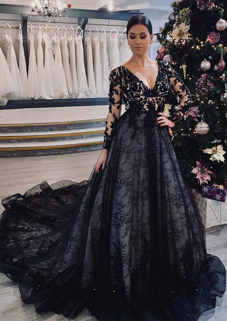 V Neck Long Sleeve Chapel Train Black Lace Wedding Dress -