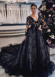 V Neck Long Sleeve Chapel Train Black Lace Wedding Dress -