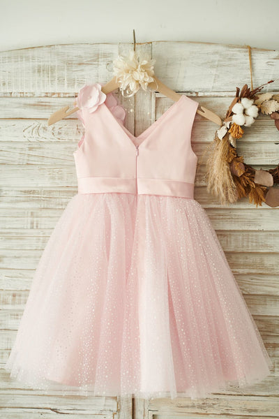 V Neck Pink Satin Tulle Wedding Party Flower Girl Dress