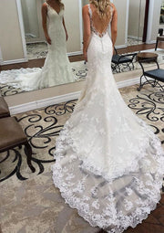 V Neck Sleeveless Chapel Train Lace Mermaid Bridal Gown 