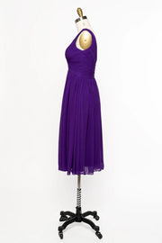 V Neck Sleeveless Crisscross Short Purple Chiffon Bridesmaid