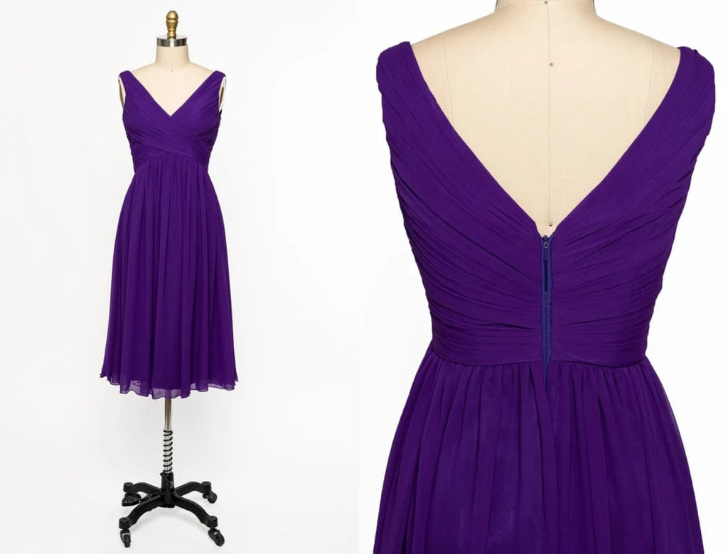 V Neck Sleeveless Crisscross Short Purple Chiffon Bridesmaid