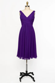 V Neck Sleeveless Crisscross Short Purple Chiffon Bridesmaid