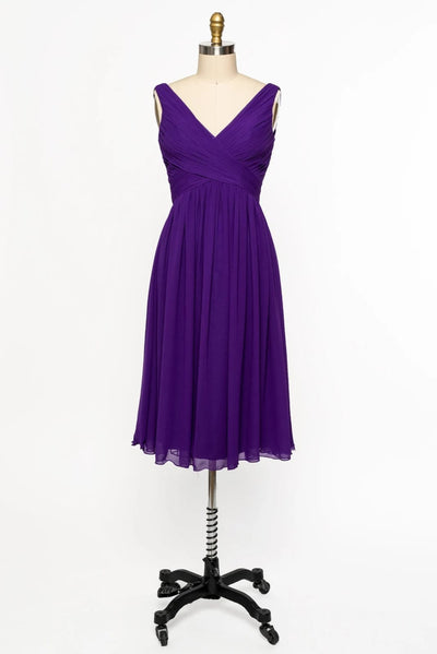 V Neck Sleeveless Crisscross Short Purple Chiffon Bridesmaid