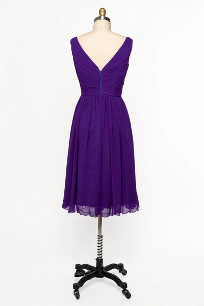 V Neck Sleeveless Crisscross Short Purple Chiffon Bridesmaid