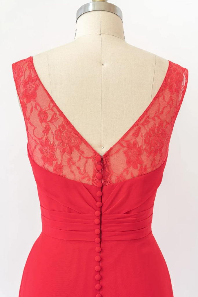 V Neck Sleeveless Long Lace Chiffon Red Bridesmaid Dress