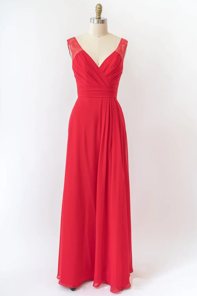 V Neck Sleeveless Long Lace Chiffon Red Bridesmaid Dress