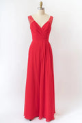 V Neck Sleeveless Long Lace Chiffon Red Bridesmaid Dress, Buttons
