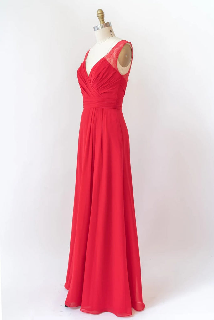 V Neck Sleeveless Long Lace Chiffon Red Bridesmaid Dress