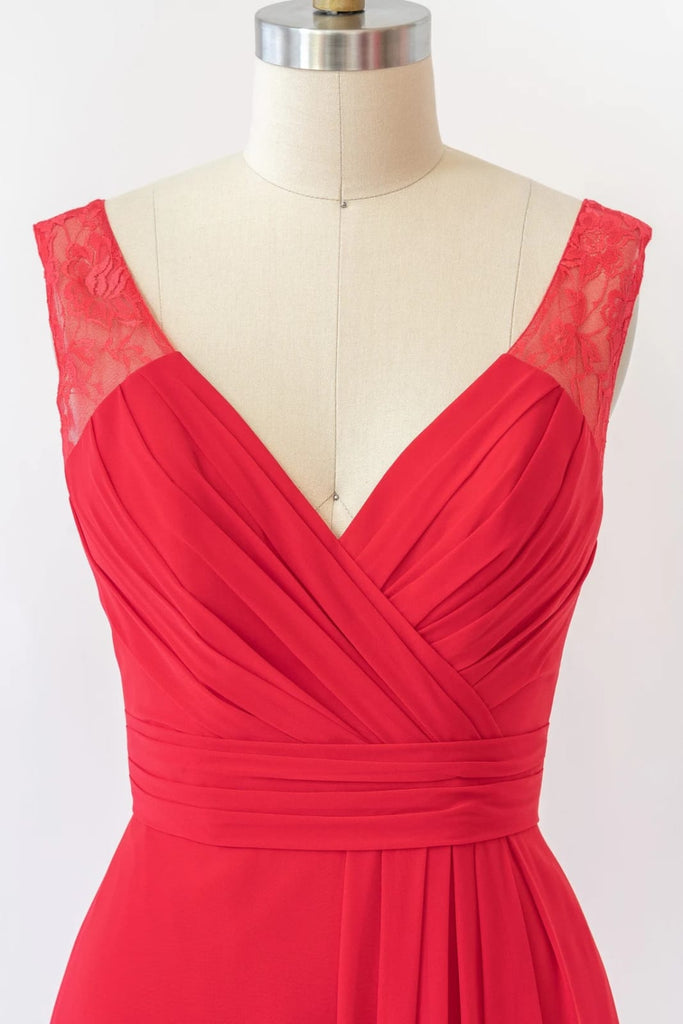 V Neck Sleeveless Long Lace Chiffon Red Bridesmaid Dress