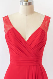 V Neck Sleeveless Long Lace Chiffon Red Bridesmaid Dress