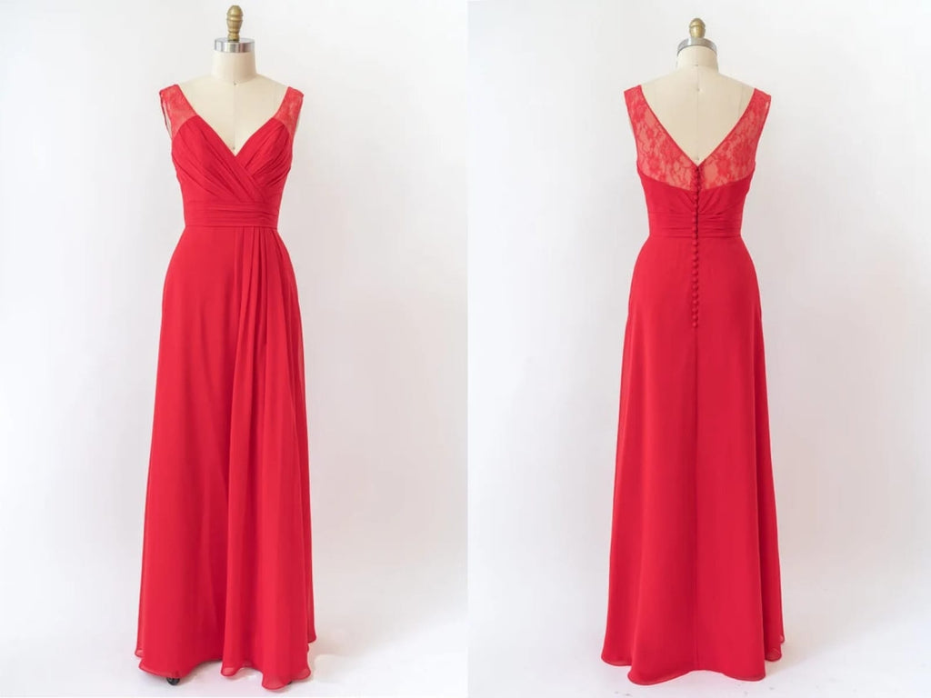 V Neck Sleeveless Long Lace Chiffon Red Bridesmaid Dress