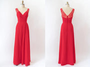 V Neck Sleeveless Long Lace Chiffon Red Bridesmaid Dress