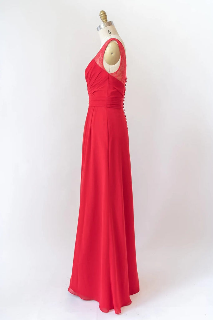 V Neck Sleeveless Long Lace Chiffon Red Bridesmaid Dress