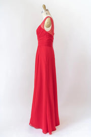 V Neck Sleeveless Long Lace Chiffon Red Bridesmaid Dress