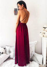 A-line V Neck Spaghetti Strap Cross Back Long Chiffon Split 