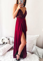 A-line V Neck Spaghetti Strap Cross Back Long Chiffon Split