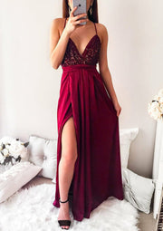 A-line V Neck Spaghetti Strap Cross Back Long Chiffon Split