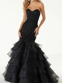 Mermaid Beaded Strapless Sweetheart Ruffles Organza Black Wedding Dress