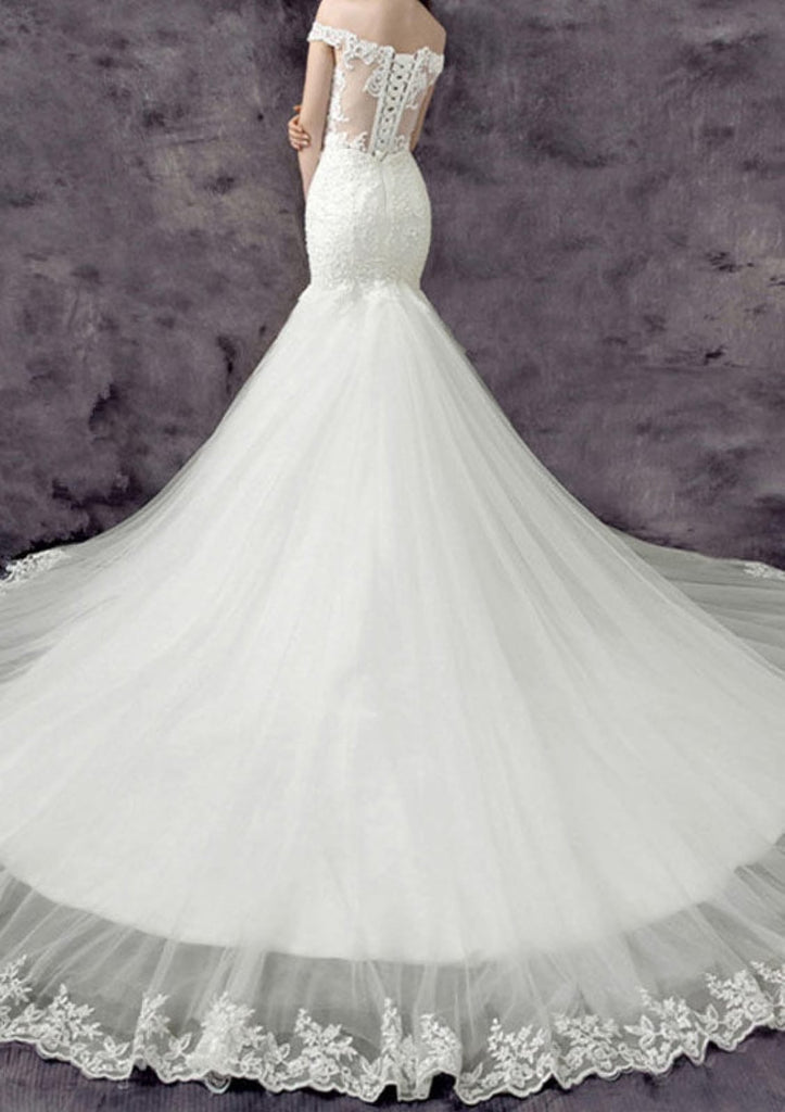 Off Shoulder Chapel Beaded Lace Tulle Mermaid Wedding Dress