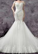 Off Shoulder Chapel Beaded Lace Tulle Mermaid Drop Waist Wedding Dress