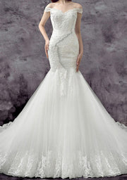 Off Shoulder Chapel Beaded Lace Tulle Mermaid Wedding Dress 