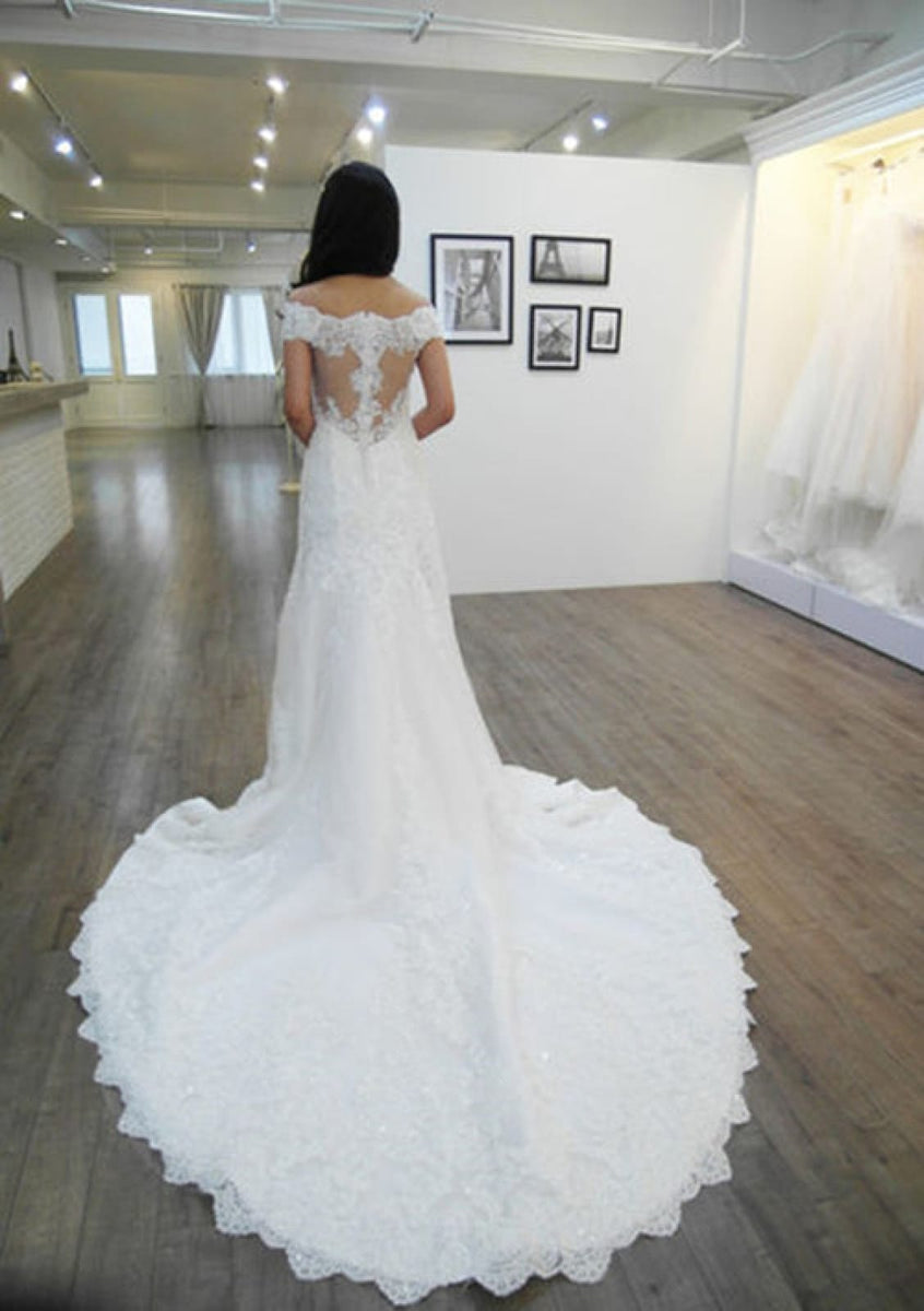 Off the Shoulder Chapel Sequined Floor Length Wedding Dress