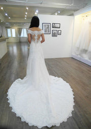Off Shoulder Chapel Lace Column Bridal Gown Wedding Dress
