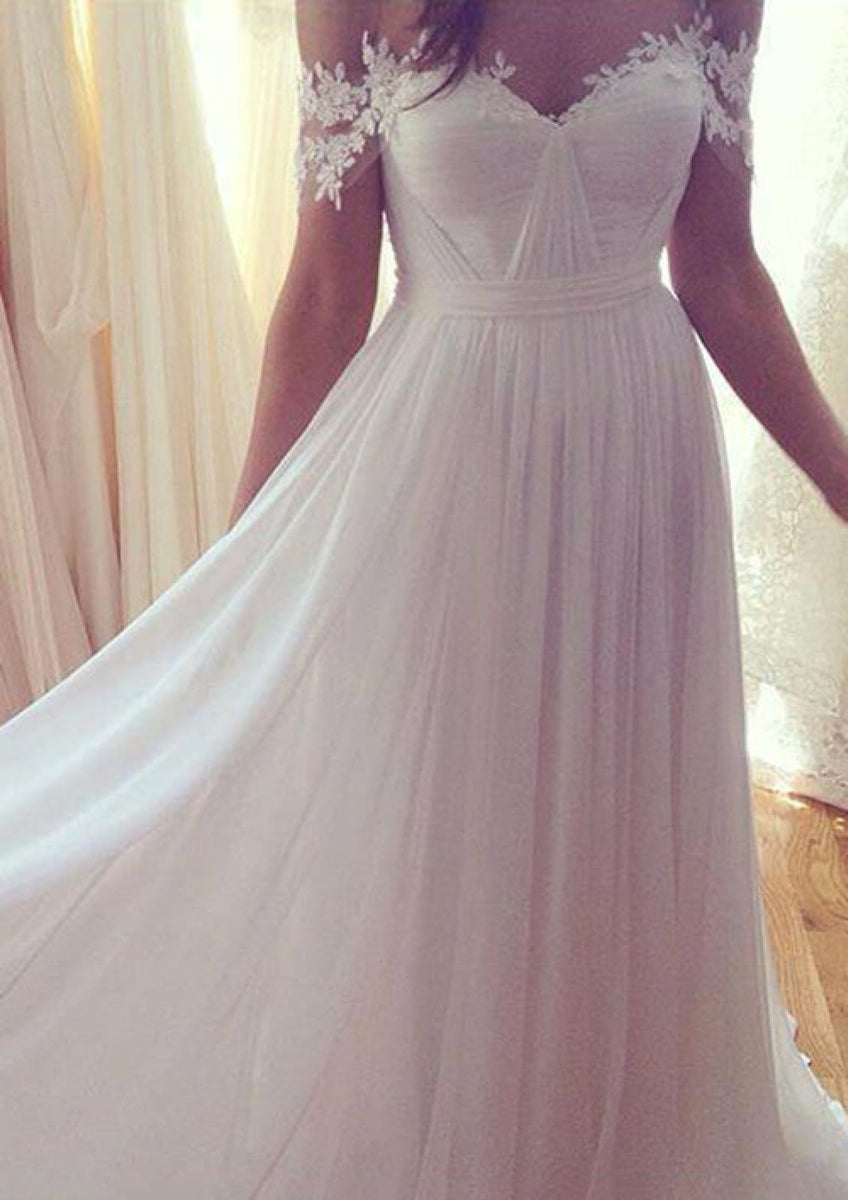 Off the Shoulder Chiffon Long-Sleeve Wedding Dress