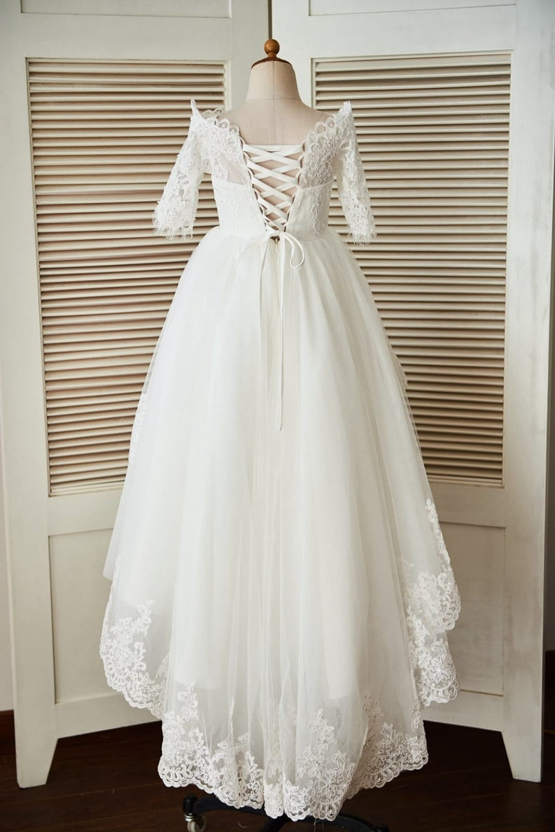 Teal Lace Tulle Off Shoulder Beaded Straps Horsehair Wedding Flower Girl Dress