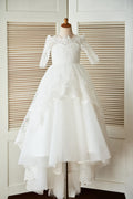 Off Shoulder Elbow Sleeves Beaded Lace Tulle Wedding Flower Girl Dress