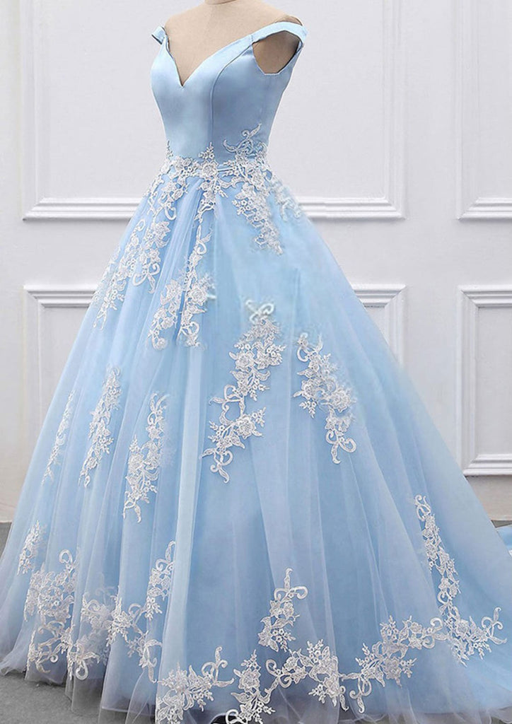 Off Shoulder V Neck Ball Gown Court Sky Blue Satin Tulle