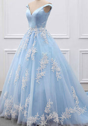 Off Shoulder V Neck Ball Gown Court Sky Blue Satin Tulle