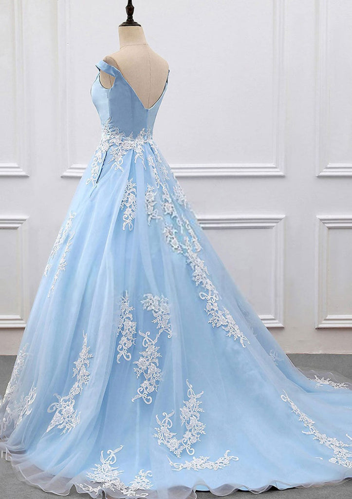 Off Shoulder V Neck Ball Gown Court Sky Blue Satin Tulle