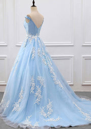 Off Shoulder V Neck Ball Gown Court Sky Blue Satin Tulle