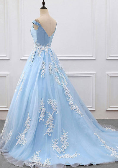 Off Shoulder V Neck Ball Gown Court Sky Blue Satin Tulle