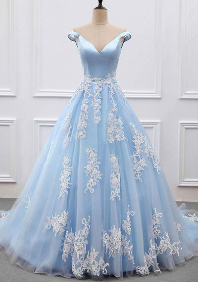 Off Shoulder V Neck Ball Gown Court Sky Blue Satin Tulle