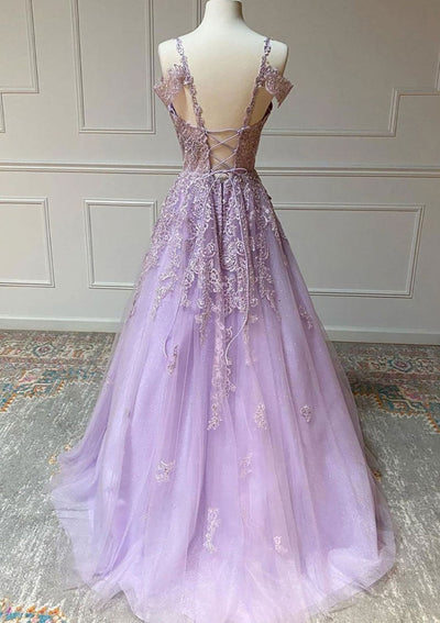 Princess Off Shoulder Open Back Long Lilac Prom Dress Formal
