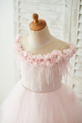 Off Shoulder Pink Tulle Feathers Wedding Party Flower Girl Dress