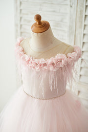 Off Shoulder Pink Tulle Feathers Wedding Party Flower Girl