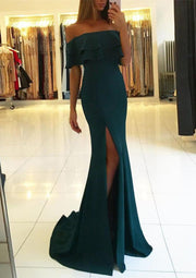 Off Shoulder Ruffles Split Drak Green Satin Trumpet Formal