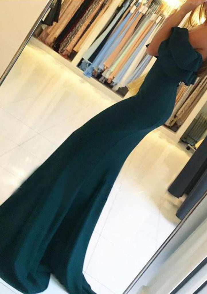 Off Shoulder Ruffles Split Drak Green Satin Trumpet Formal